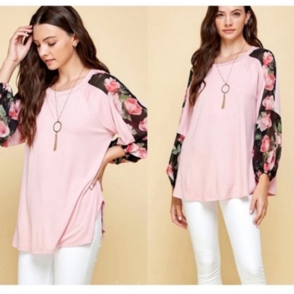 Pink Top with Floral Chiffon Sleeves✨️ - Picture 1 of 4